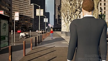 A virtual woman inflates belly with air compressor