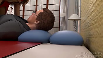 A virtual woman inflates belly with air compressor