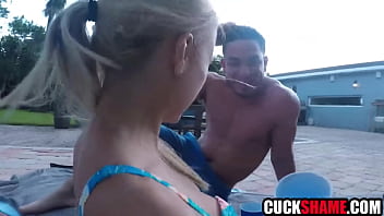 Horny wife fucks stud while cuckold husbad watches