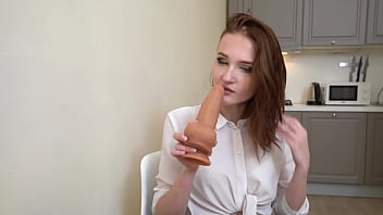 Student suck deep and ride dildo on the table hard