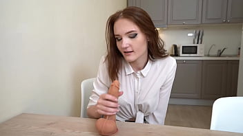 Student suck deep and ride dildo on the table hard