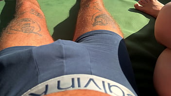 Hot babe gives fast and sloppy handjob on the terrace over the ocean p