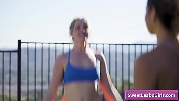 See lovely girls enjoying morning workout routine and kiss tender after and go in the bedroom