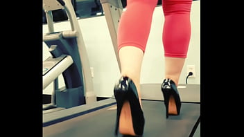 Stiletto high heels public gym treadmill walking in pleasers tall shiny black stripper shoes workout yoga pants exercise cardio kyra hellfire