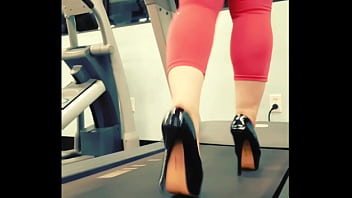 Stiletto high heels public gym treadmill walking in pleasers tall shiny black stripper shoes workout yoga pants exercise cardio kyra hellfire