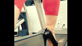 Stiletto high heels public gym treadmill walking in pleasers tall shiny black stripper shoes workout yoga pants exercise cardio kyra hellfire