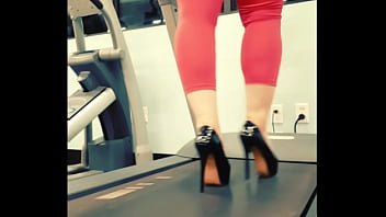 Stiletto high heels public gym treadmill walking in pleasers tall shiny black stripper shoes workout yoga pants exercise cardio kyra hellfire