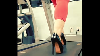 Stiletto High Heels Public Gym Treadmill Walking In Pleasers Tall Shiny Black Stripper Shoes Workout Yoga Pants Exercise Cardio Kyra Hellfire thumbnail