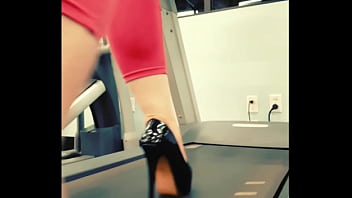 Stiletto high heels public gym treadmill walking in pleasers tall shiny black stripper shoes workout yoga pants exercise cardio kyra hellfire