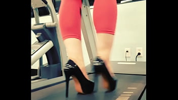 Stiletto high heels public gym treadmill walking in pleasers tall shiny black stripper shoes workout yoga pants exercise cardio kyra hellfire