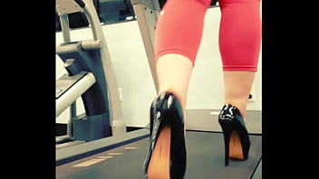 Stiletto high heels public gym treadmill walking in pleasers tall shiny black stripper shoes workout yoga pants exercise cardio kyra hellfire