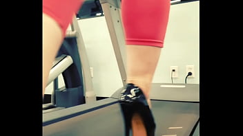 Stiletto high heels public gym treadmill walking in pleasers tall shiny black stripper shoes workout yoga pants exercise cardio kyra hellfire