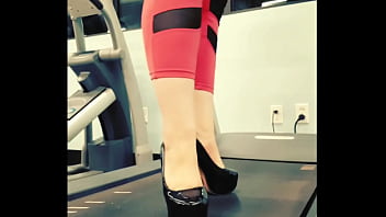 Stiletto high heels public gym treadmill walking in pleasers tall shiny black stripper shoes workout yoga pants exercise cardio kyra hellfire