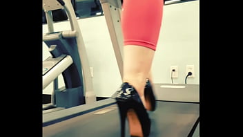 Stiletto high heels public gym treadmill walking in pleasers tall shiny black stripper shoes workout yoga pants exercise cardio kyra hellfire