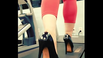 Stiletto high heels public gym treadmill walking in pleasers tall shiny black stripper shoes workout yoga pants exercise cardio kyra hellfire
