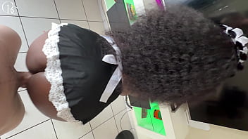 Busty ebony maid gets her white boss to cum twice