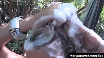 Vicky vette gets hot in her car so she takes a shower and masturbates