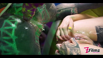 Tattoo lesbian girls cum play with fantasy dildo in pussy anal fun ass to mouth sextoy masturbation