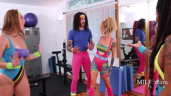 Milfs at the gym gang up on a guy who has a boner Milfs at the gym gang up on a guy who has a boner