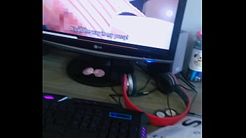Student horny as fuck watching a hentai video wearing asexy lingerie and cute mask starting touching herself