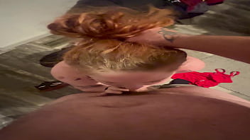 Ginger milf gagged while on her knees