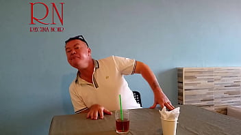 Naked waitress restaurant guest eats from the waitress's navel c2