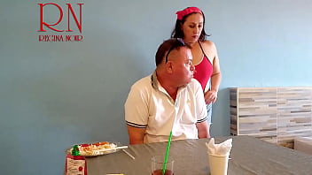 Naked waitress restaurant guest eats from the waitress's navel c2