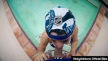 Vicky vette in blue bikini sucking her lover's big cock at the pool
