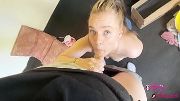 Public blowjob and cum swallow in garden