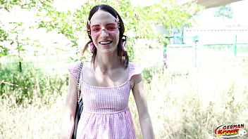 German scout petite 150cm teen dragon fruit with long labia and mini tits at risky outdoor casting fuck