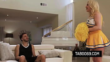 Horny stepmother cheer up her stepson by sucking and ridding on his dick