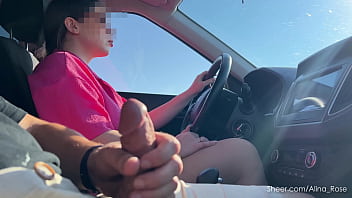 Risky driving handjob – stroking him while steering