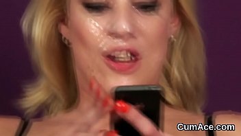 Naughty model gets cumshot on her face eating all the ejaculate
