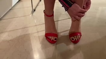 I put my red sandals on and spread my legs