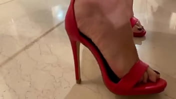 I put my red sandals on and spread my legs