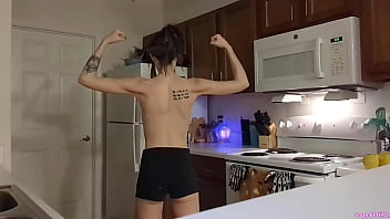 Topless sage eldritch weight lifting in the kitchen