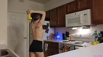 Topless sage eldritch weight lifting in the kitchen