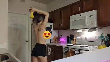 Topless sage eldritch weight lifting in the kitchen