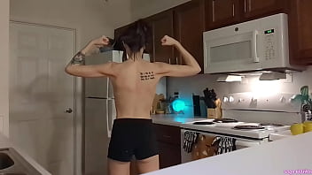 Topless sage eldritch weight lifting in the kitchen