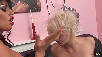 Devilish brunette milf with big boobs uses her sex toy on the blonde in stockings