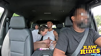 Slim petite brunette with dog cone gets fucked in uber pool ride share