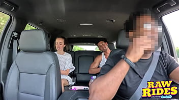 Slim petite brunette with dog cone gets fucked in uber pool ride share