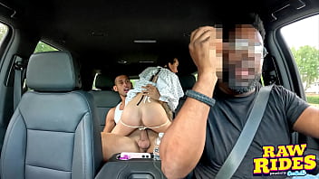 Slim petite brunette with dog cone gets fucked in uber pool ride share