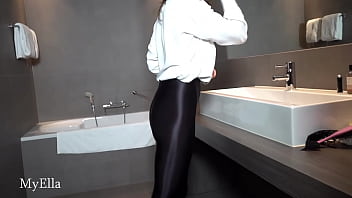 Ella taking a soapy shower in shiny legging with blowjob