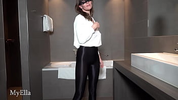 Ella taking a soapy shower in shiny legging with blowjob