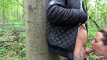 German curvy mature wife in leggings talk to public risky blowjob to stranger boy at jogging and swallow cum