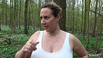 German curvy mature wife in leggings talk to public risky blowjob to stranger boy at jogging and swallow cum