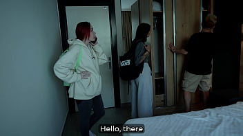 Step mom and step sister share bed with step son in wild hotel fuck