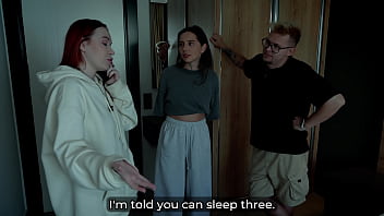 Step mom and step sister share bed with step son in wild hotel fuck