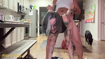 Perfect pussy goth girl creampied in the kitchen